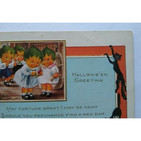 Halloween Postcard Whitney Pixies Green Hair Fantasy Children Black Cats Border - Picture 6 of 8